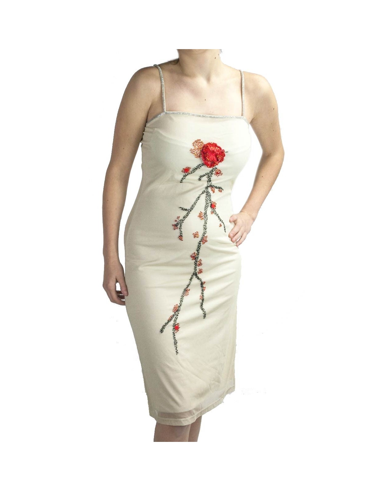 Vestido de las Mujeres Elegantes de la Vaina Vestido de M Beige - Abalorios de Flor Roja