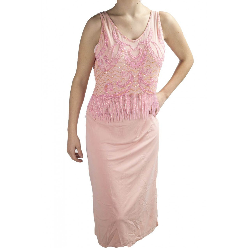 Abito Donna Tubino Elegante XL Rosa - Corpetto Perline Strass Charleston