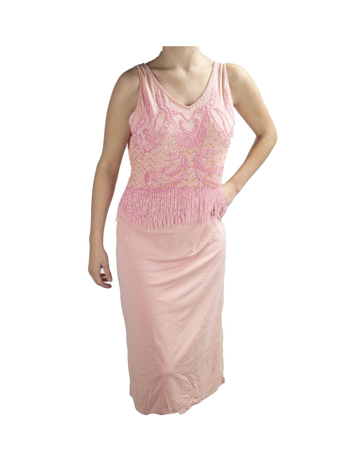 Abito Donna Tubino Elegante XL Rosa - Corpetto Perline Strass Charleston