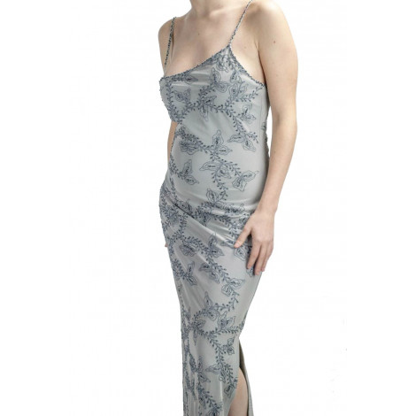 Dress Woman Dress Long to the feet the Stylish M-Light Grey - Floral Embroidery and Black beads