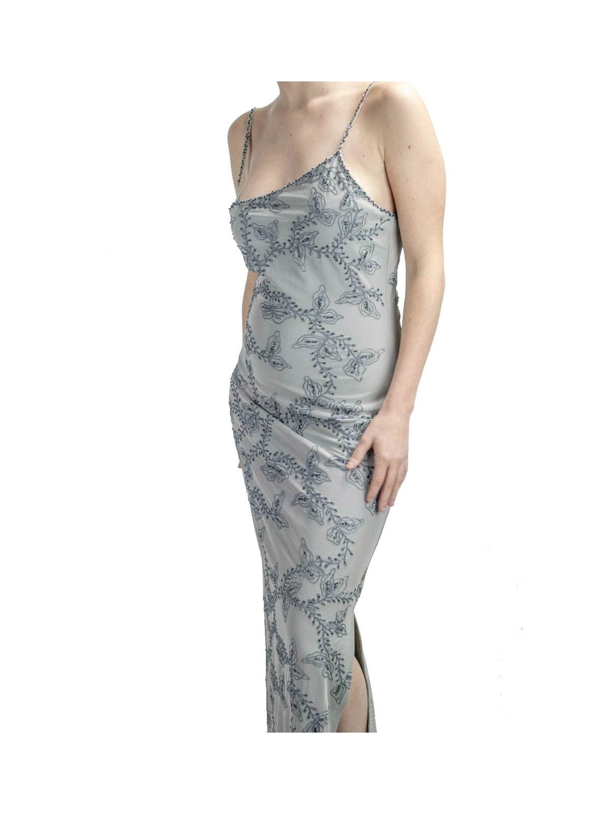 Dress Woman Dress Long to the feet the Stylish M-Light Grey - Floral Embroidery and Black beads