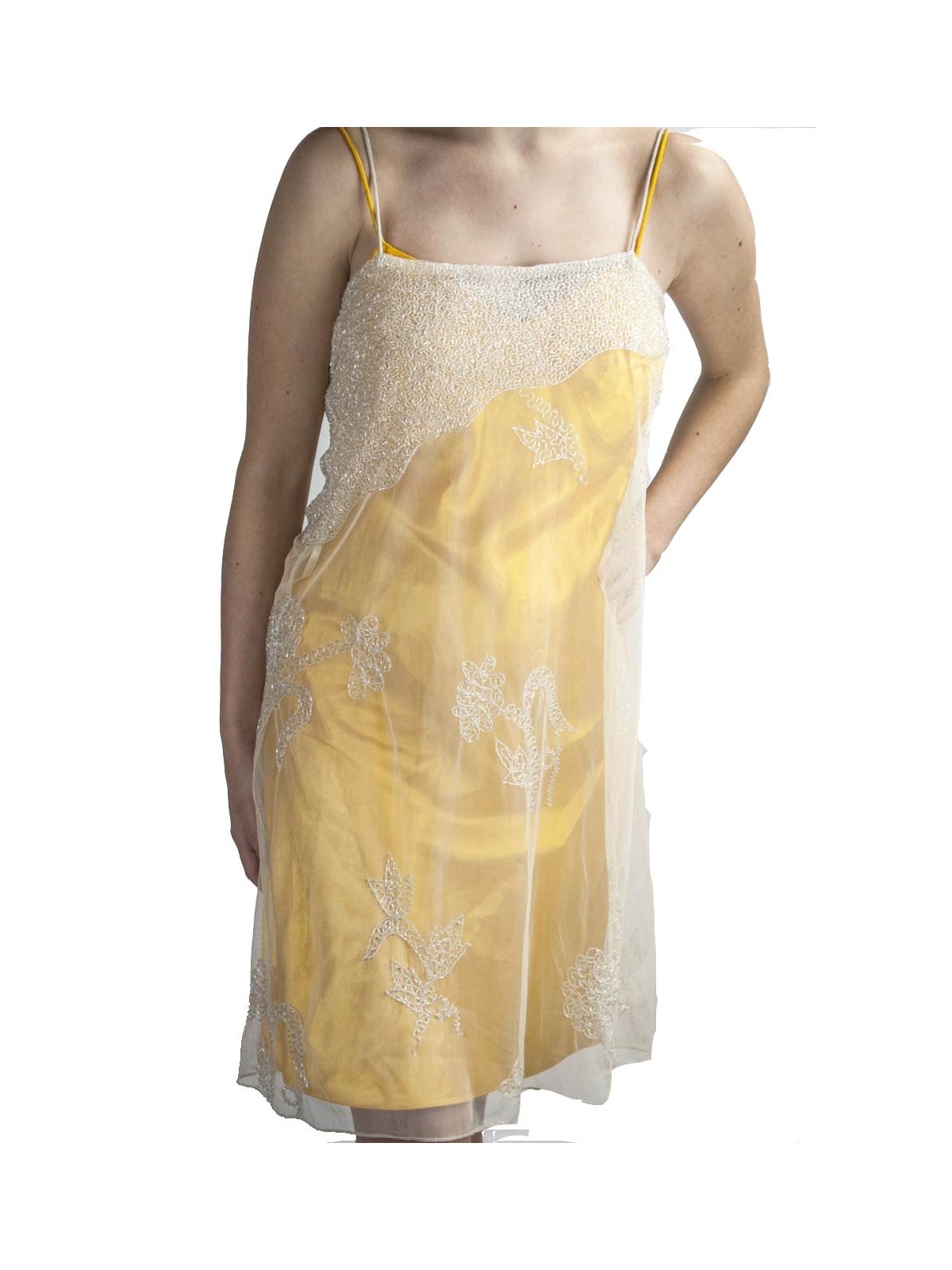 Damen kleid Mini Kleid Elegant S Gelb - Weißem Tüll, Perlen und Pailletten