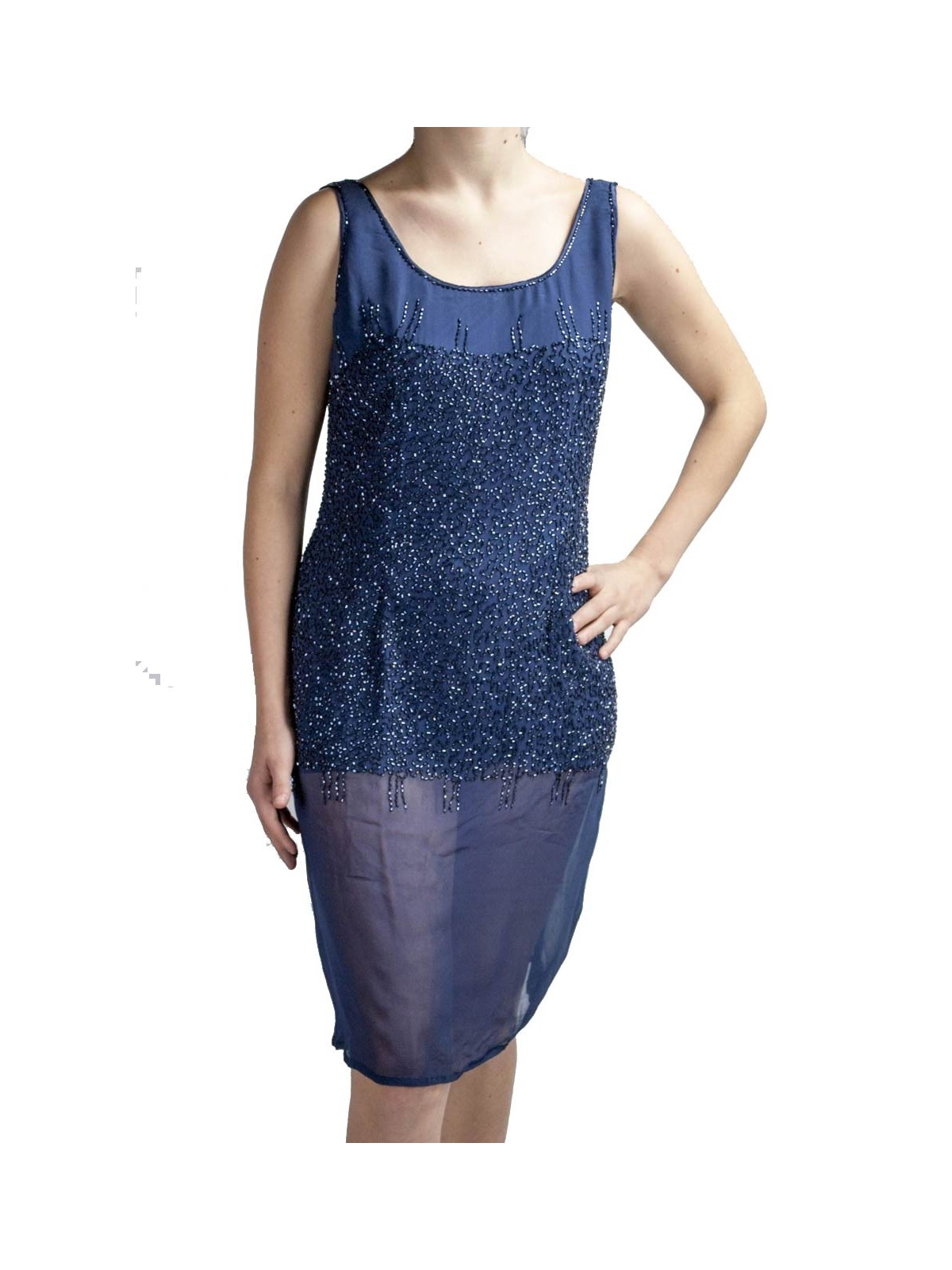 Elegante dames schede jurk M blauw - bezaaid met semi-transparante kralen