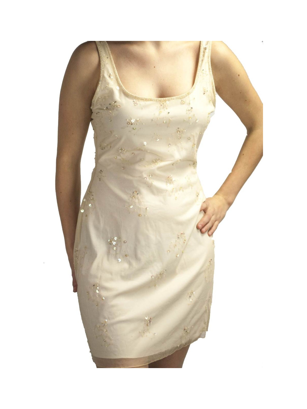 エレガントなミニシースドレス女性Mアイボリー-スパンコールの花とビーズ