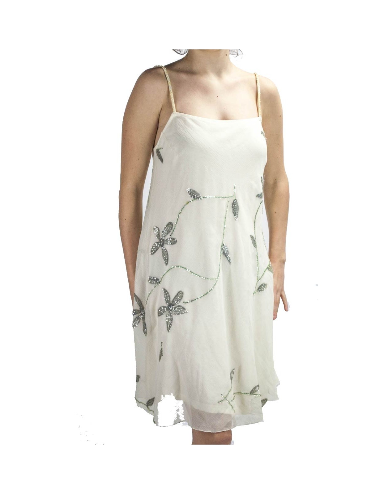 Elegante Mini Vestido Mujer Trapecio M Marfil - Bordado Floral y Lentejuelas