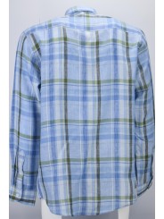 Camisa Clásica de Hombre Cuadros Celeste tipo lino - Abotonada