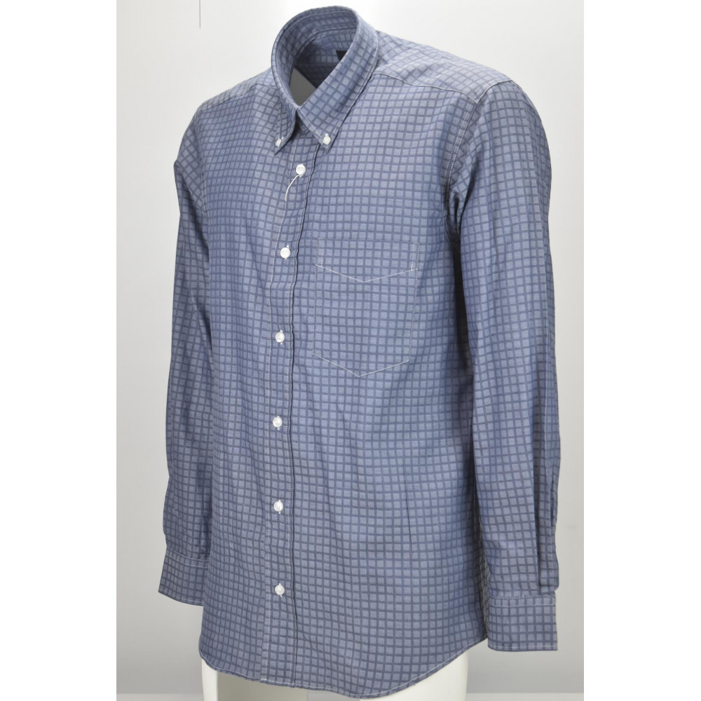 Classic Man Shirt Light Blue Small Textured Checks - Button Down