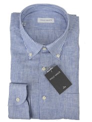 メンズ シャツ リネン混の白いブルー ストライプ ボタンダウンシャツ - Philo Vance - ブランド Dijon