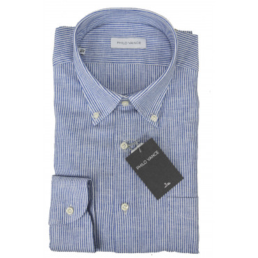 Weißes Herrenhemd aus Leinenmischung Blaue Streifen Button-Down - Philo Vance - Dijon
