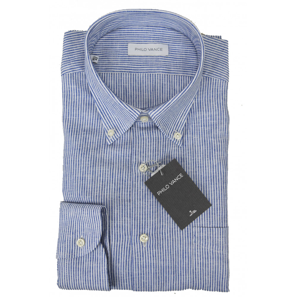 White Linen Blend Man Shirt Blue Stripes Button Down - Philo Vance - Dijon