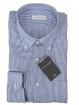 メンズ シャツ リネン混の白いブルー ストライプ ボタンダウンシャツ - Philo Vance - ブランド Dijon