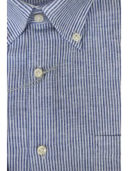 White Linen Blend Man Shirt Blue Stripes Button Down - Philo Vance - Dijon