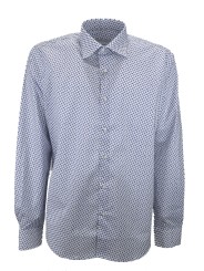 Stretch Man Shirt Blue Trefoil on White Spread Collar - Philo Vance - Astrid