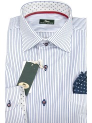 Herrenhemd 41-16 Gespreizter Kragen Hellblaue Streifen auf Weiß mit Einstecktuch und gepunktetem Kragen - Philo Vance
