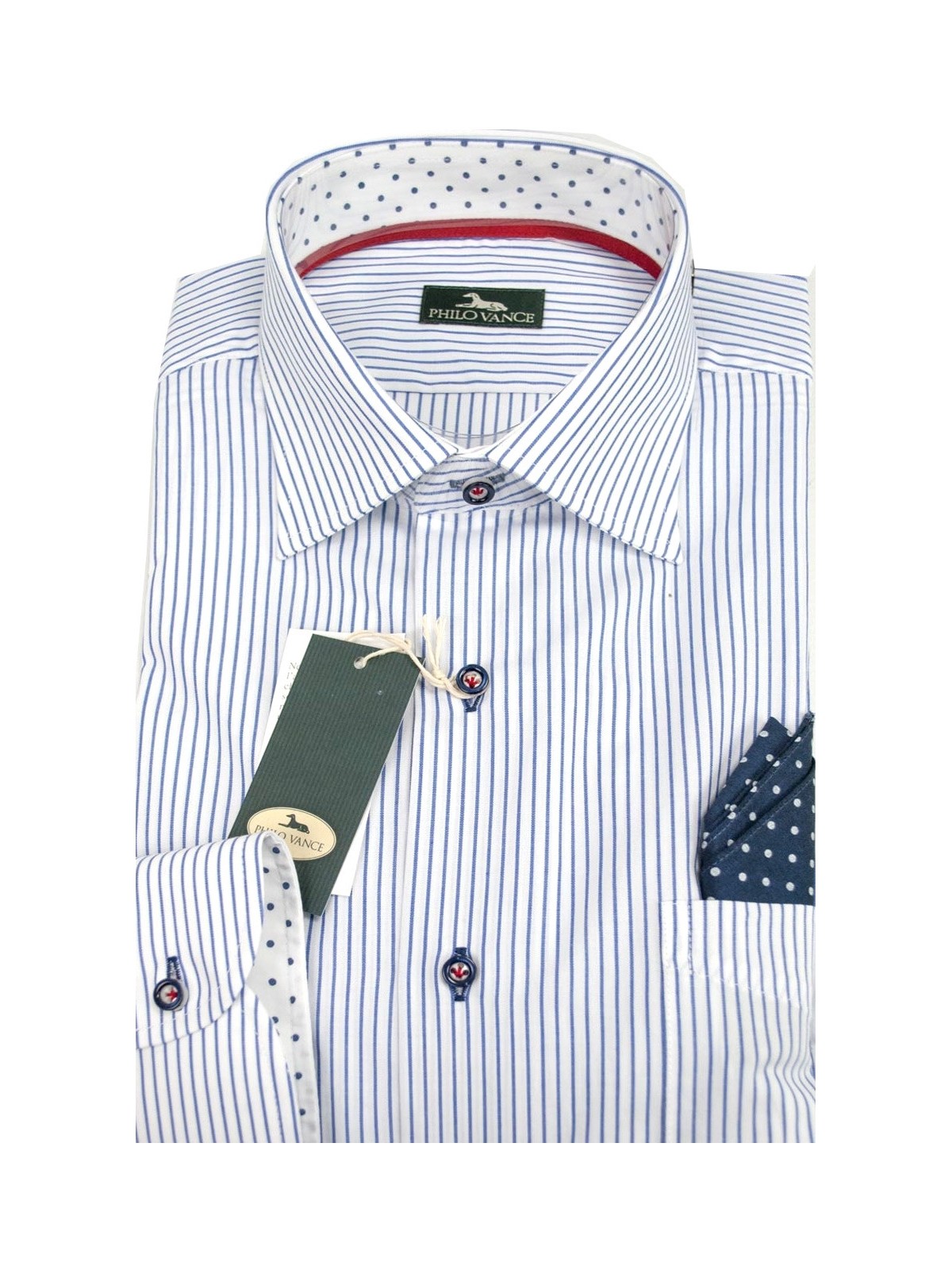 Heren Overhemd 41-16 Spread Collar Lichtblauwe Strepen op Wit met Zakdoek en Polka Dot Collar - Philo Vance