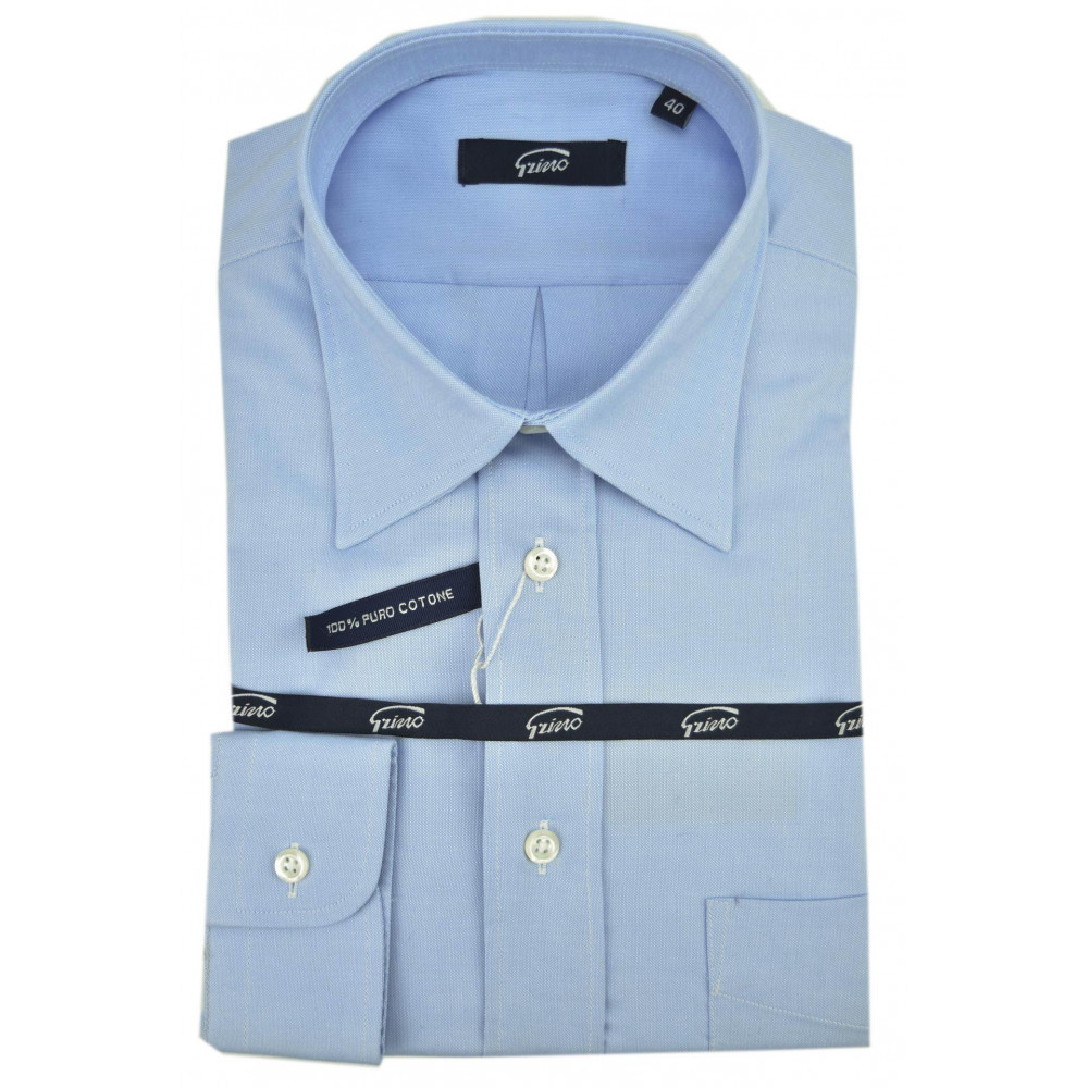 Homme Shirt Classique Col Italie Ciel Bleu Oxford - 