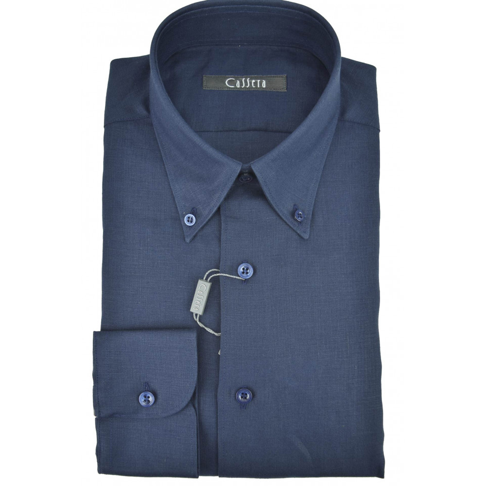 Dark Blue Pure Linen Man Shirt with Button Down Collar