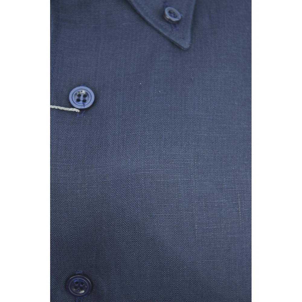 Dark Blue Pure Linen Man Shirt with Button Down Collar
