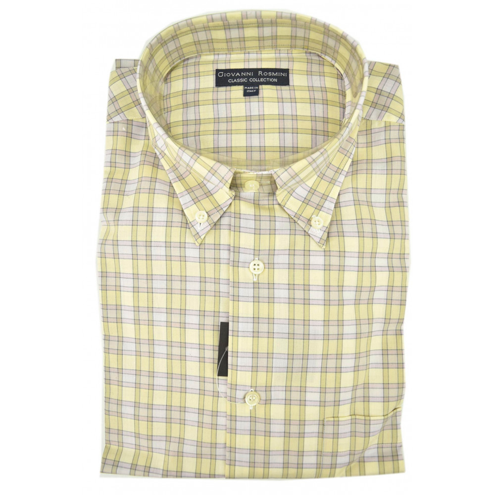 Classic Man Shirt Light Yellow Checked Lilac Collar Button Down Cotton Poplin with Pocket Shirts