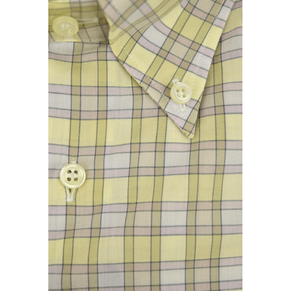 Klassiek herenoverhemd Lichtgele geruite lila kraag Button Down katoenen popeline met overhemden met zakken