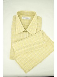 Camisa Hombre 100% Lino Amarillo Cuadros Gemelos Cuello Francés + recambios
