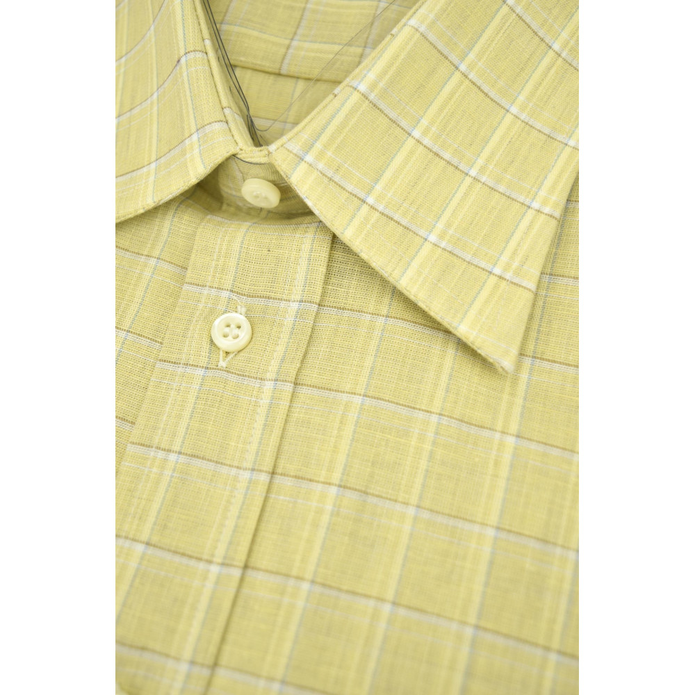 Man Shirt 100% Pure Yellow Linen Check French Collar cufflinks + spare parts