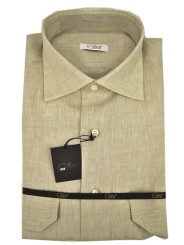 Pure Beige Linen Man Shirt Spread Collar 2 Pockets