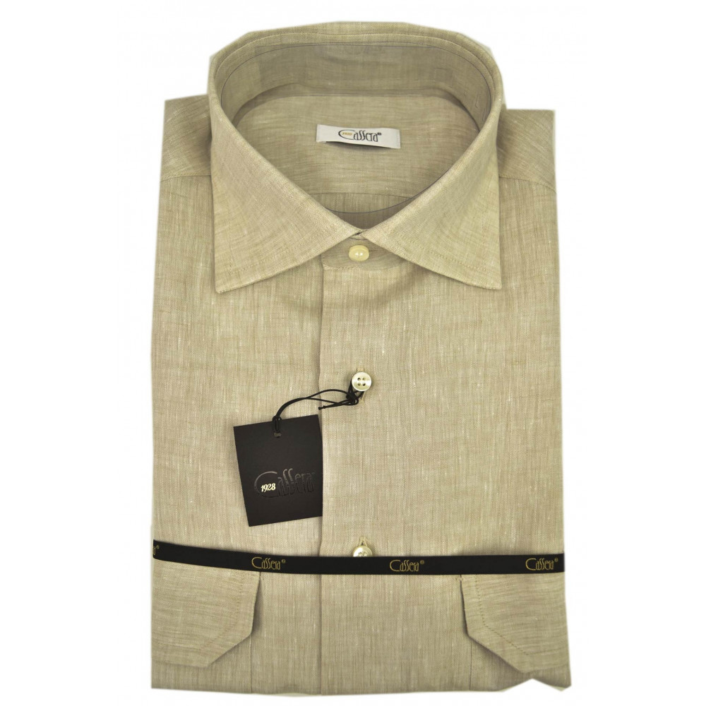 Chemise Homme Pur Lin Beige Col Italien 2 Poches