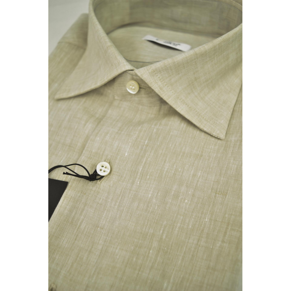 Pure Beige Linen Man Shirt Spread Collar 2 Pockets