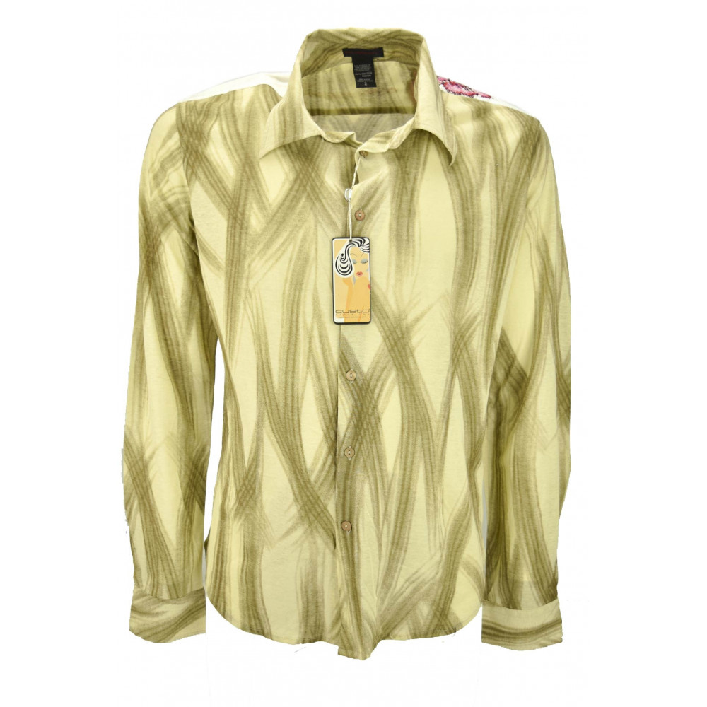 Custo Herrenhemd in Beige mit braunen Pinselstrichen - Stickerei auf den Schultern
