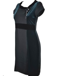 Elegante zwarte en groene schede jurk vrouw stretch fluweel met broche