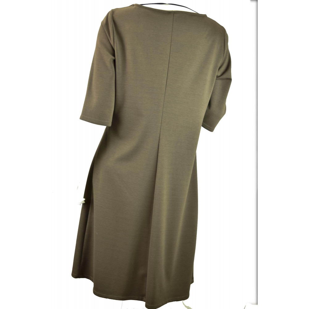 Woman Sheath Dress 3/4 sleeves wide neckline Polka Dots Light Brown