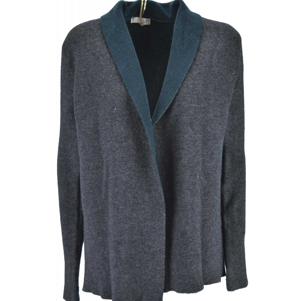Damen Open Cardigan Sweater Grey Shawl Green Finishing