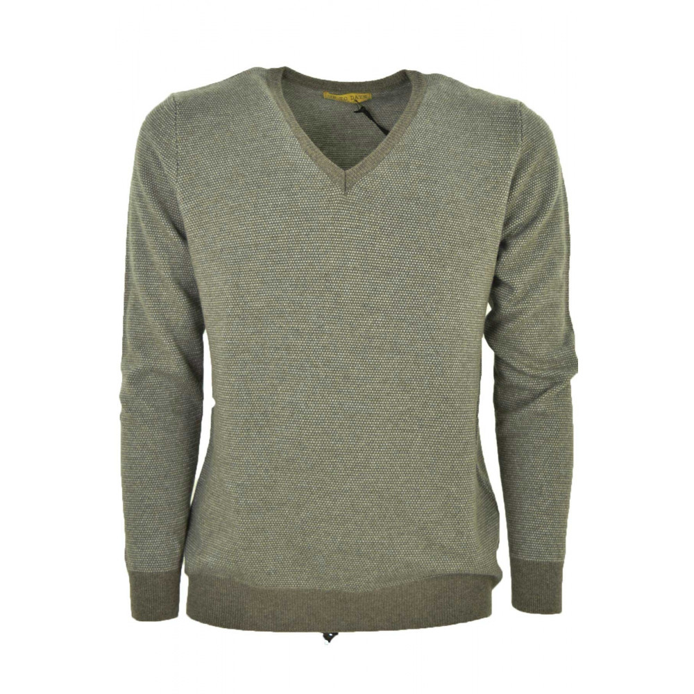 Beige Jaquard V-Neck Men's Sweater with Spiked Tip