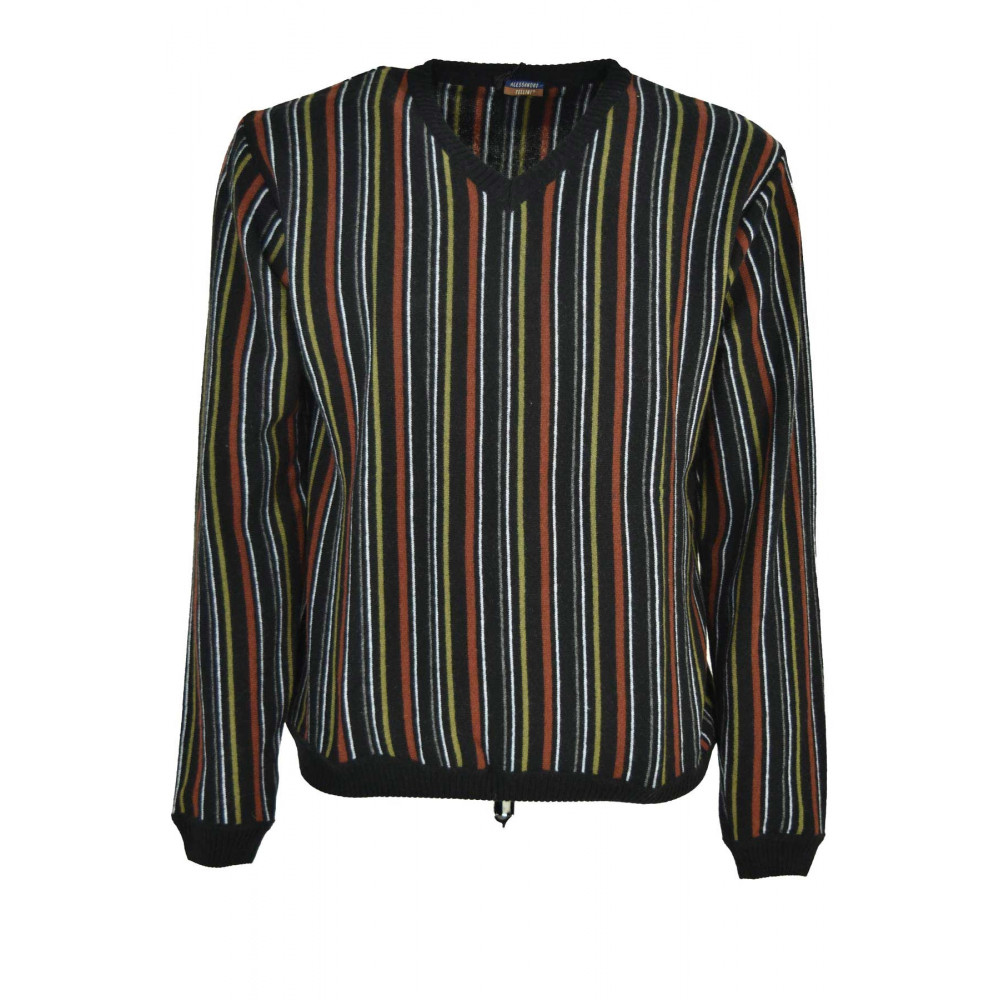 Men's V-Neck Shirt Black Rust Stripes Green White Gray - Alessandro Tellini