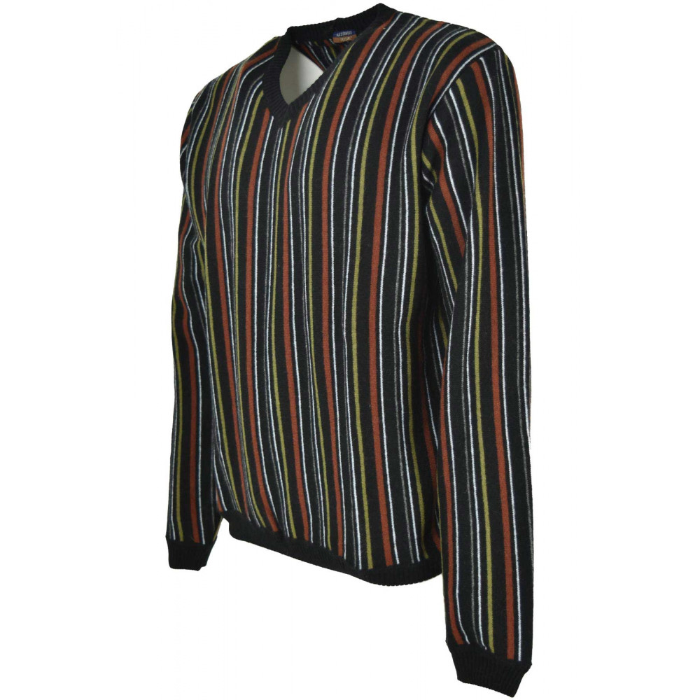 Чорная мужчынская кашуля з V-вобразным выразам у іржавыя палосы, зялёна-бела-шэрая - Алесандра Тэліні