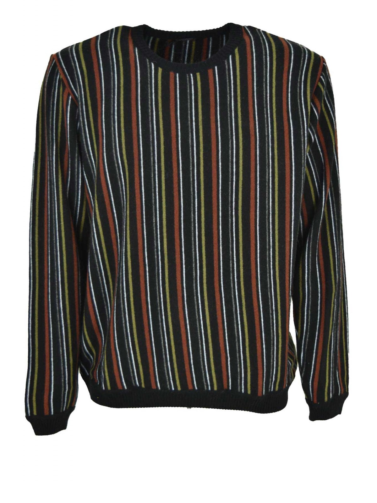 Men's Crew Neck Sweater Black Rust Green White Gray Stripes - Mixed Cashmere