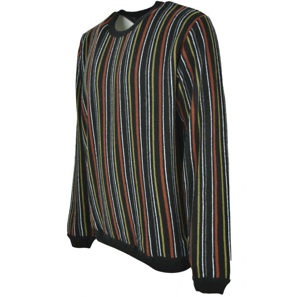 男性用 クルーネックセーター ブラック ラストグリーン ホワイト グレー ストライプ - ミックスカシミア