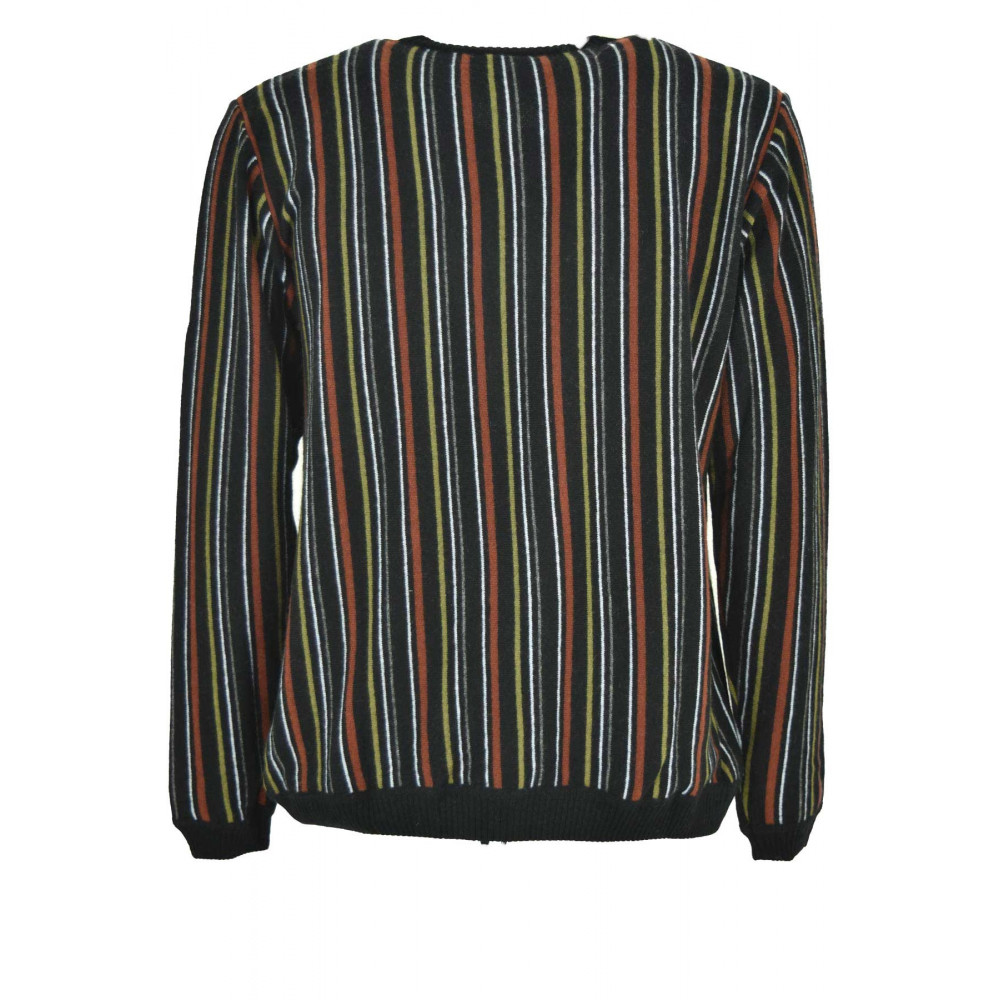Men's Crew Neck Sweater Black Rust Green White Gray Stripes - Mixed Cashmere