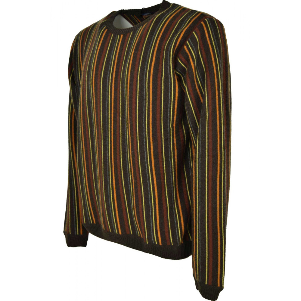Men's Crew Neck Sweater Brown Orange Rust Yellow Vertical Stripes - Cashmere Blend