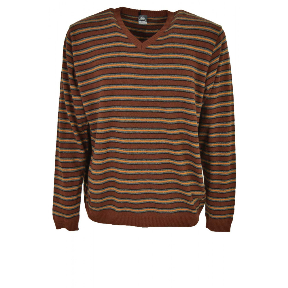 Sweater Hombre Cuello V Marron Gris Naranja Rayas Horizontales - Cashmere Mixto