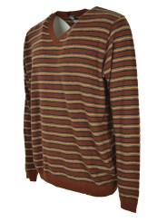 V ネック メンズ セーター 横縞 ブラウン グレー オレンジ - 混合カシミア
