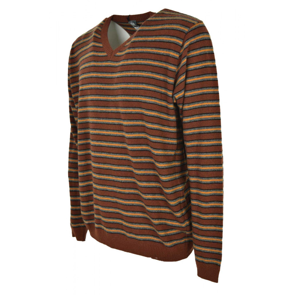 V-hals heren sweater horizontale strepen bruin grijs oranje - gemengd kasjmier