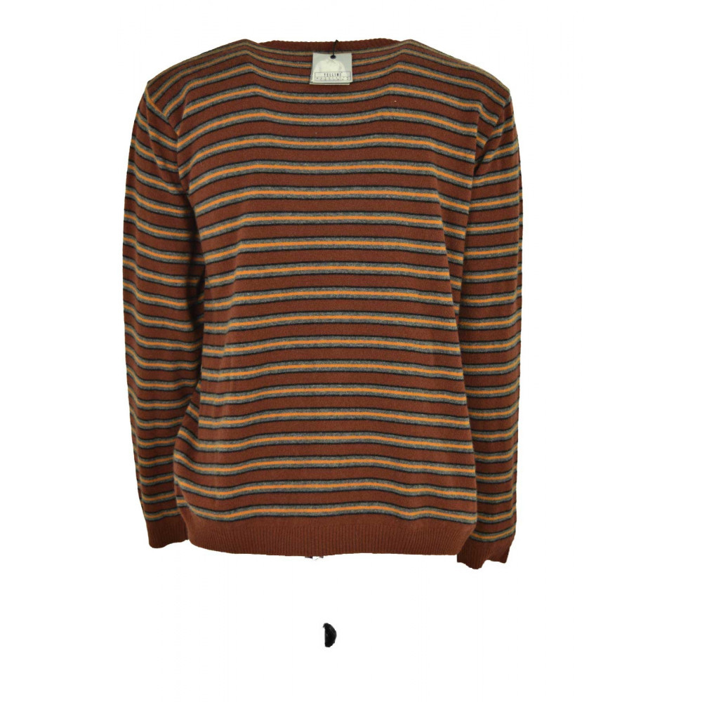 V-Neck Men's Sweater Horizontal Stripes Brown Gray Orange - Mixed Cashmere
