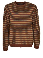 男性用 ブラウン クルーネック セーター オレンジ グレー 横縞 - 混合カシミア