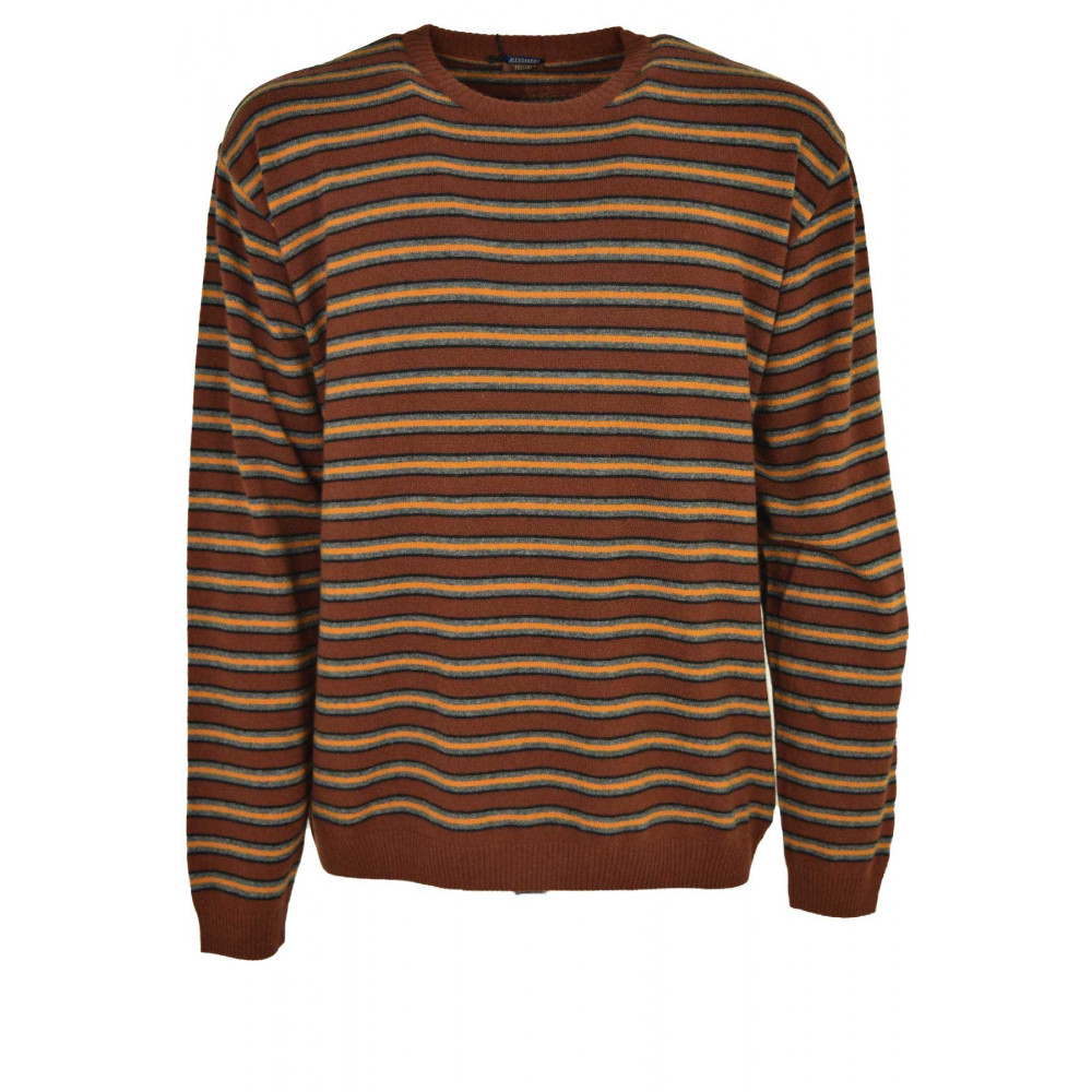 Bruine herensweater met ronde hals, oranje grijze horizontale strepen - kasjmiermix