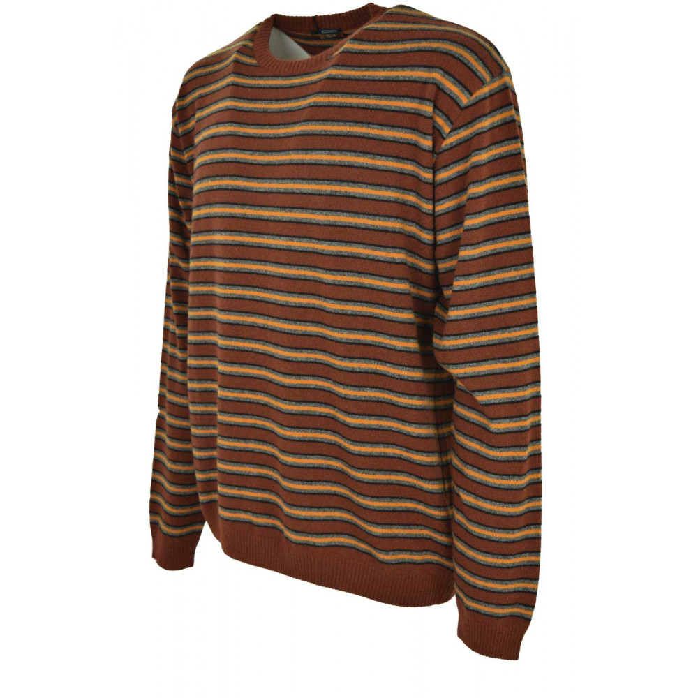 Bruine herensweater met ronde hals, oranje grijze horizontale strepen - kasjmiermix