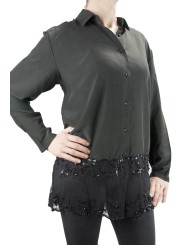 Shirt Woman Black Pure Silk Lace Sleeves - M L