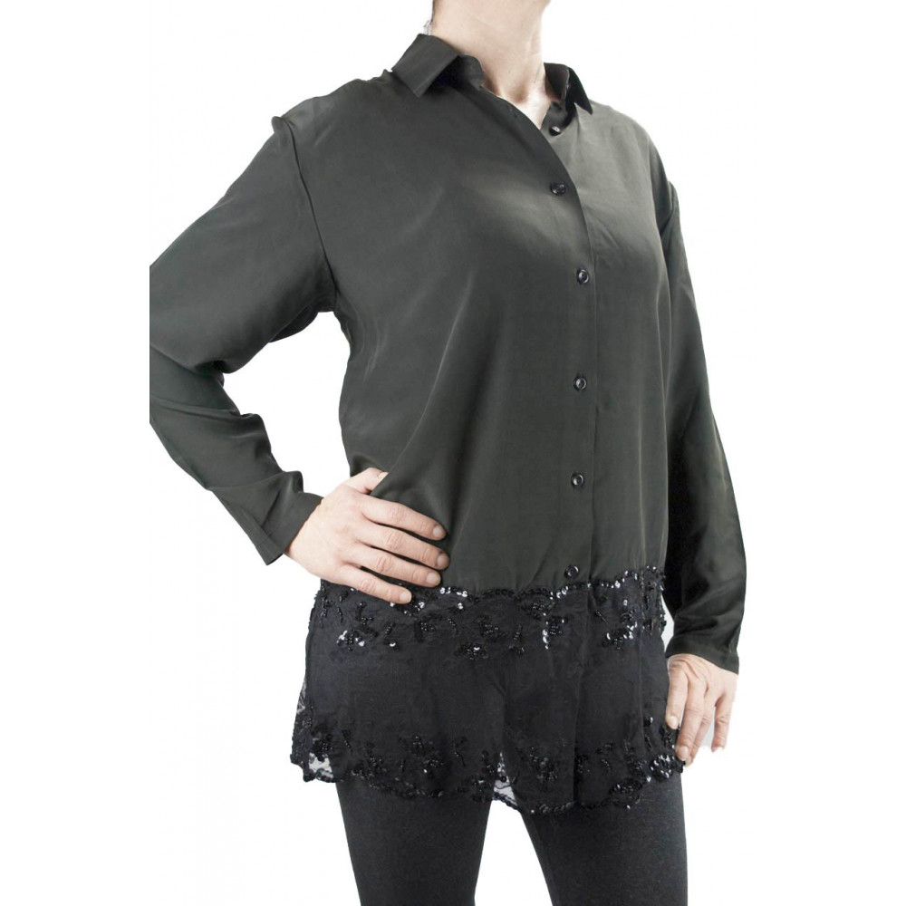 Shirt Woman Black Pure Silk Lace Sleeves - M L