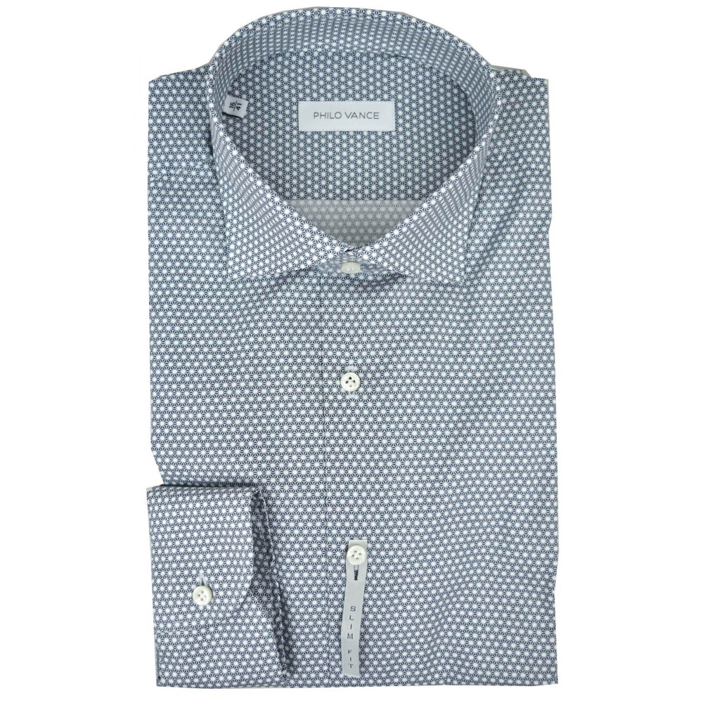 Slim Fit Heren Overhemd Klein Patroon Blauw op Wit Small Spread Collar - Philo Vance - Pico